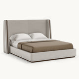 Mezzo Collection Barlow Bed, Alhambra Jimena 36 fabric, matte walnut frame, available from Touched Interiors UK