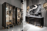 Giorgio Collection Charisma Sideboard in Black Bubinga burl with a Grey Alpi marble top, room view with Charisma vetrine