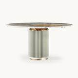 Mezzo Collection Mulligan Dining Table, Carrara marble top, glossy lacquered metal base and polished brass, available from Touched Interiors UK