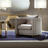 Giorgio Collection Infinity Occasional Armchair in grey patterned velvet with a light gold chrome base, room setting 1