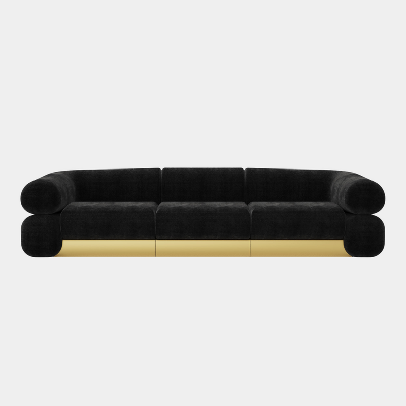 Fitzgerald Sofa: A luxurious statement piece inspired by Italian architecture, featuring a rounded silhouette and brass details.