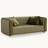 Mezzo Collection Rivers Sofa, Pele Milano 92768 leather, matte walnut frame, polished brass, available from Touched Interiors UK