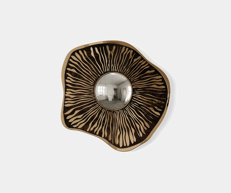 Terra Firma Mirror: Modern Masterpiece in Textured Walnut Root Veneer with Polished Brass Frame.