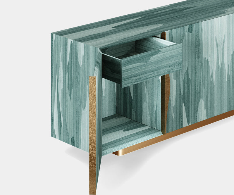 Sustainable Luxury: Strata Sideboard with Textured Eucalyptus Veneer and Aged Brass Accents.