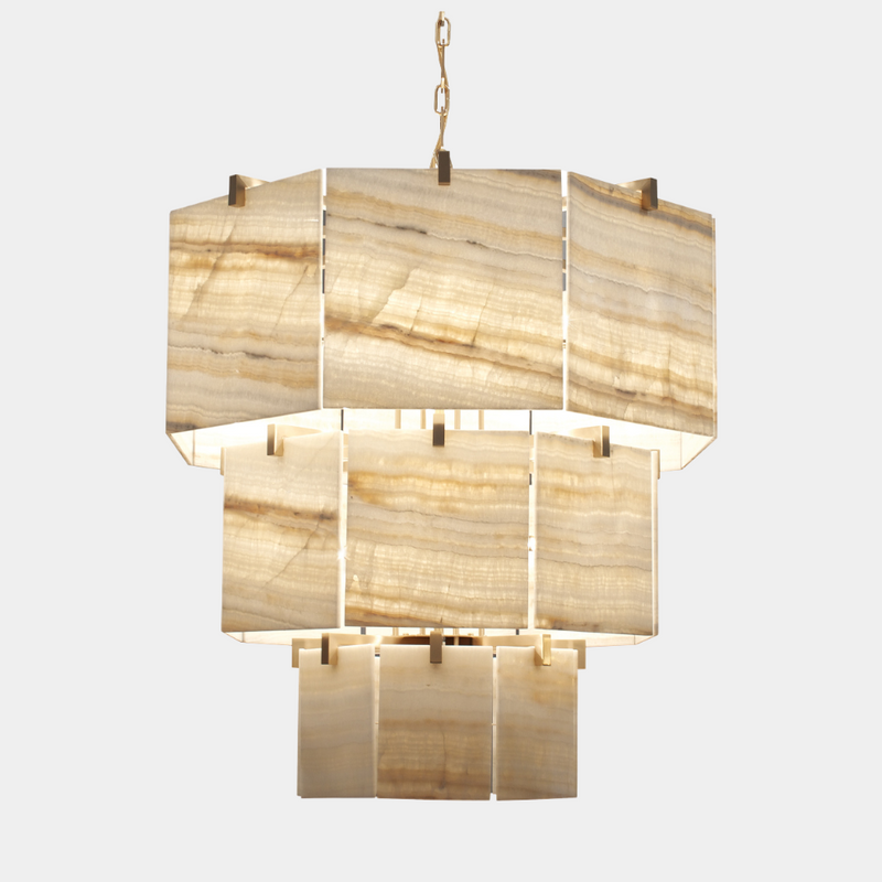 Visionnaire Brando Chandelier: Modern luxury chandelier featuring a captivating octagonal structure in metal with a choice of finishes. Delicate ivory onyx lampshades create a multifaceted effect,  diffusing warm light and adding a touch of elegance to any space.