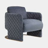 Anello luxury diamond quilted armchair in blue grey velvet on a burnished brass base