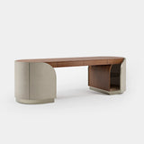 Arden Cabinet Base Luxury Writing Desk: matt walnut veneer with ivory genuine leather sides and doors (Cat B)
