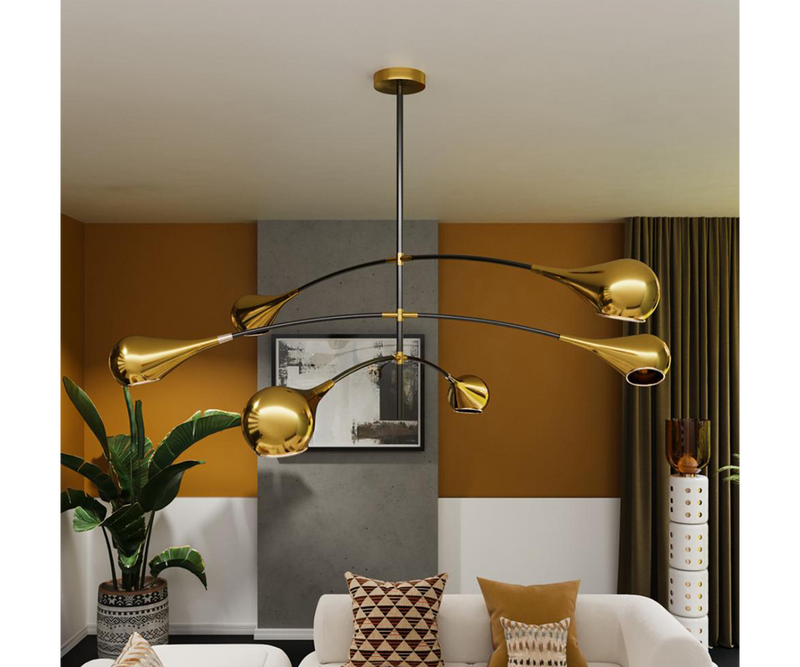 Arlo Ceiling Lamp: A Playful Disruption of Symmetry.  Make a statement in your home with the Arlo ceiling lamp by Mezzo Collection.  This mid-century modern masterpiece features a captivating asymmetrical design, with curved gold-plated brass arms extending from a black metal pole, creating a visually stunning and unique lighting experience.