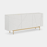 Berkeley Designs Helsinki Sideboard, high-gloss white with ceramic top and gold base, angled view