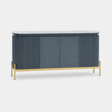 Berkeley Designs Knightsbridge Sideboard, dark blue gloss with ceramic top and gold base, angled view