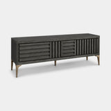 Berkeley Designs Kyoto Media Unit, dry grey oak veneer with brushed brass feet, angled view
