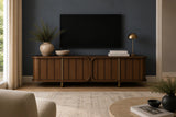 Berkeley Designs Lisbon Media Unit, caramel oak veneer with fluted panels, room setting