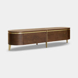 Berkeley Designs Malibu Media Unit, natural walnut veneer with brass accents, angled view