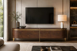 Berkeley Designs Malibu Media Unit, natural walnut veneer with brass accents, room setting