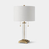 Berkeley Designs Montro Table Lamp, clear crystal and brushed brass with white shade, angled view