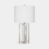 Berkeley Designs Oslo Table Lamp, white marble and chrome with white shade, angled view