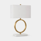 Berkeley Designs Riga Table Lamp, brushed brass and white marble with white shade, angled view