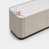 Berkeley Designs Shoreditch Media Unit, high gloss taupe with veined ceramic top and black plinth, detail