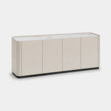 Berkeley Designs Shoreditch Sideboard, high gloss taupe with veined ceramic top and black base, angled view
