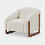 Berkeley Designs Verona Armchair, ivory textured upholstery with walnut frame and brass details, angled view