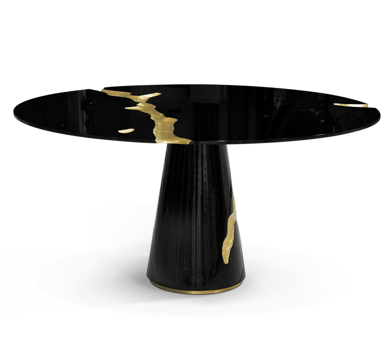 A Story Told in Every Crack: The Boca do Lobo Lapiaz Black Dining Table - Experience the captivating design of the Lapiaz Black Dining Table by Boca do Lobo. Featuring a cracked mahogany surface accented with gold brass, this table is a conversation starter with a unique story to tell.