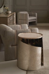 Spirale Travertine Luxury Side Table, styled view