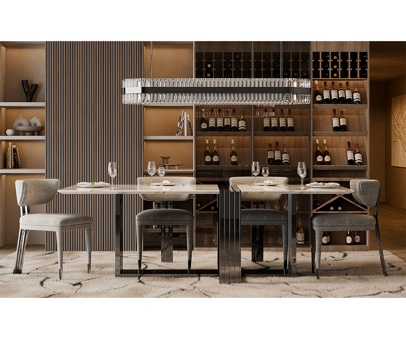 Contemporary dining table with luxurious Carrara marble and geometric brass base from Luxxu