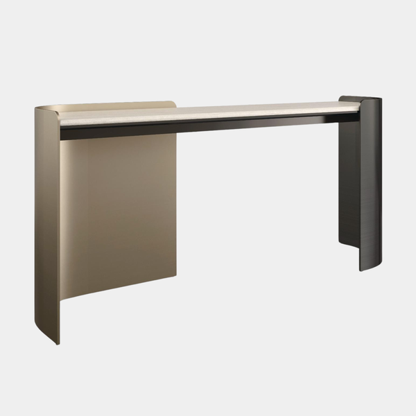 Creme Travertine Console Table with Bronze Accents