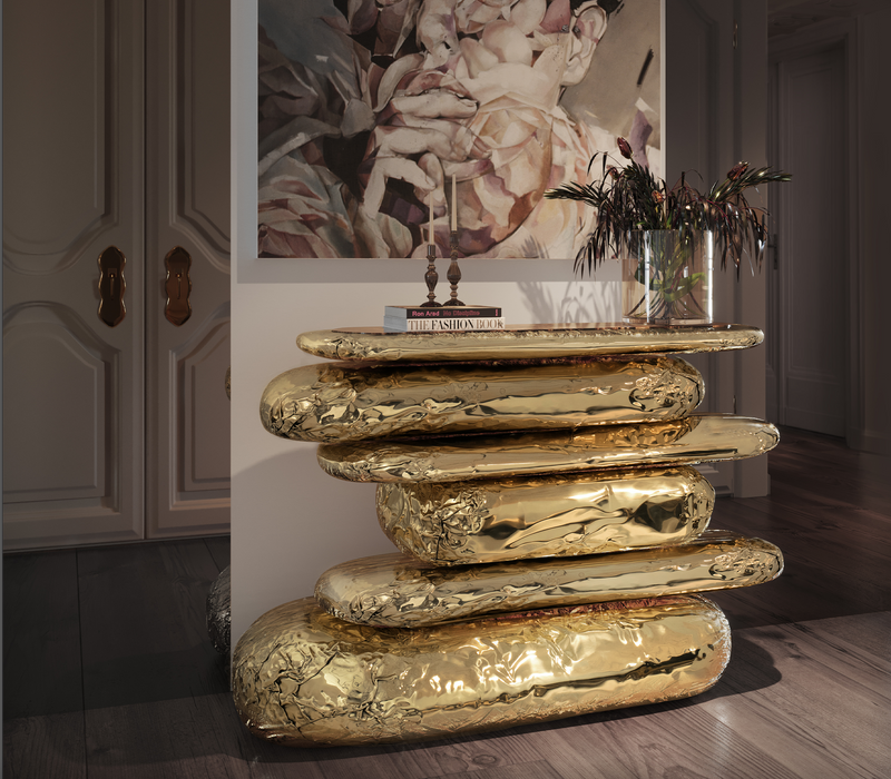 High-End Home Decor: The Stonehenge Console by Boca Do Lobo elevates your living space with a unique brass and marble combination.
