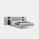 Otello Bed, light grey fabric with integrated bedside panels, front view