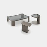 Ditre Italia Skin Coffee Table, rectangular coffee table and round table in smoked glass, with the Skin metal side table, front view