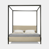 Doria Saddle Leather Four Poster Luxury Bed in cream upholstery with rosso bulgaro saddle leather