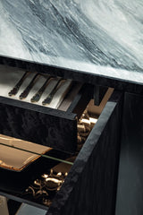 Giorgio Collection Charisma Sideboard in Black Bubinga burl with a Grey Alpi marble top, interior detail