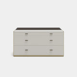 Halcyon Leather Wrapped Luxury Chest of Drawers: ivory genuine leather (Cat B) with a dark matt top and metal plinth