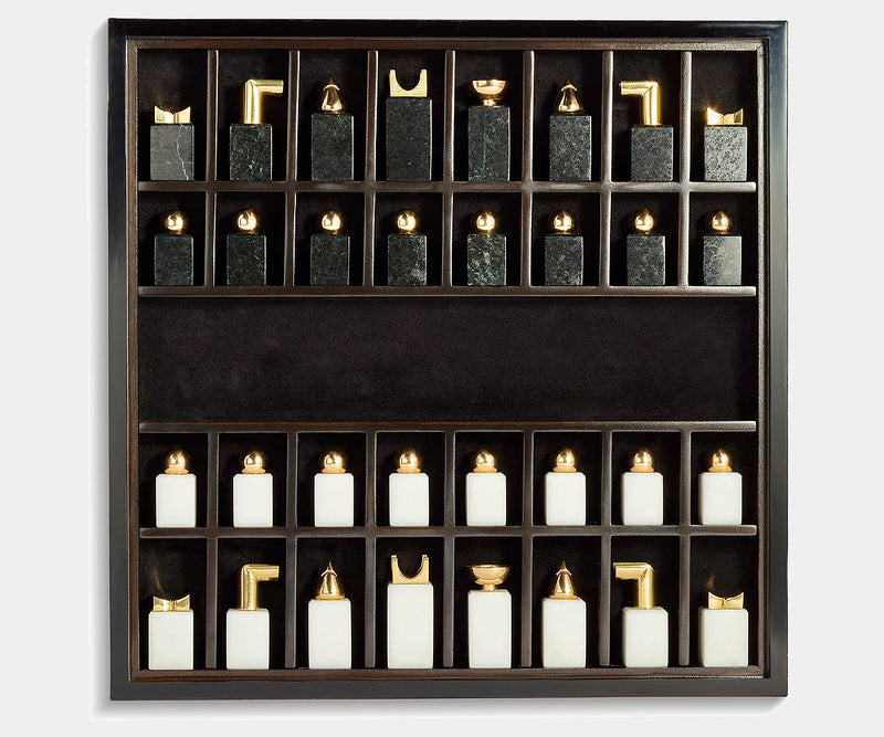 Premium chess set with lacquered ebony and brass pieces, ideal for interior design enthusiasts.