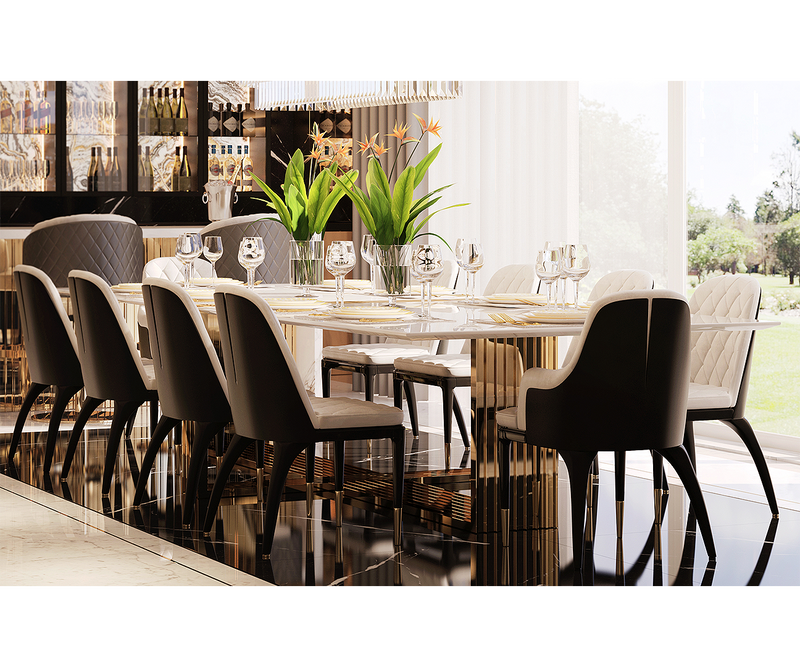 Sophisticated Luxxu dining table with Carrara marble and geometric brass detailing, perfect for modern decor
