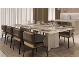 Luxurious rectangular dining table made from Statuario marble and polished brass