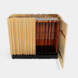 Symphony Sideboard Open Doors: Sleek ebony veneer interior with smoked glass shelf for storage.