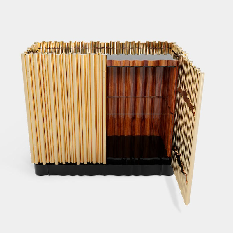 Symphony Sideboard Open Doors: Sleek ebony veneer interior with smoked glass shelf for storage.