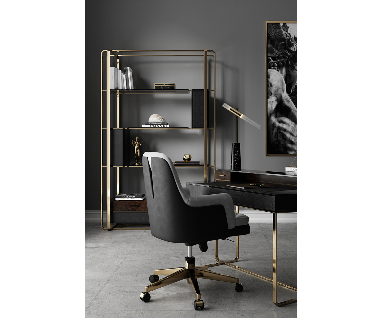 Shiv Luxury Ergonomic Office Desk Chair Premium Leather with Brass Ac