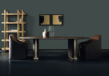 Rainforest Brown marble rectangular dining table on diamond quilted pillars with matching quilted chairs