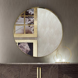 Giorgio Collection Infinity Round Wall Mirror in light gold chrome, shown above the Infinity Sideboard