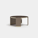 Sasha Round Luxury Coffee Table: taupe genuine leather base (Cat B) with a matt dark wood top and metal rim
