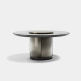 Seraphine Round Metal Base Luxury Dining Table: gloss dark wood top on a metal base
