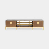 Sezione Brass Stand Luxury TV Cabinet shown in oak with Calacatta Gold marble