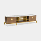 Sezione Brass Stand Luxury TV Cabinet shown in oak with Calacatta Gold marble