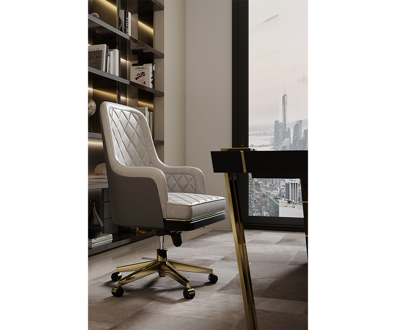 Premium black leather and brass office chair adding elegance to modern workspace.