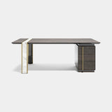Spearing Writing Desk: Luxury Marble and Wood Executive Desk for Home Office: matt smoked oak with Calacatta Classico marble insert, polished brass details