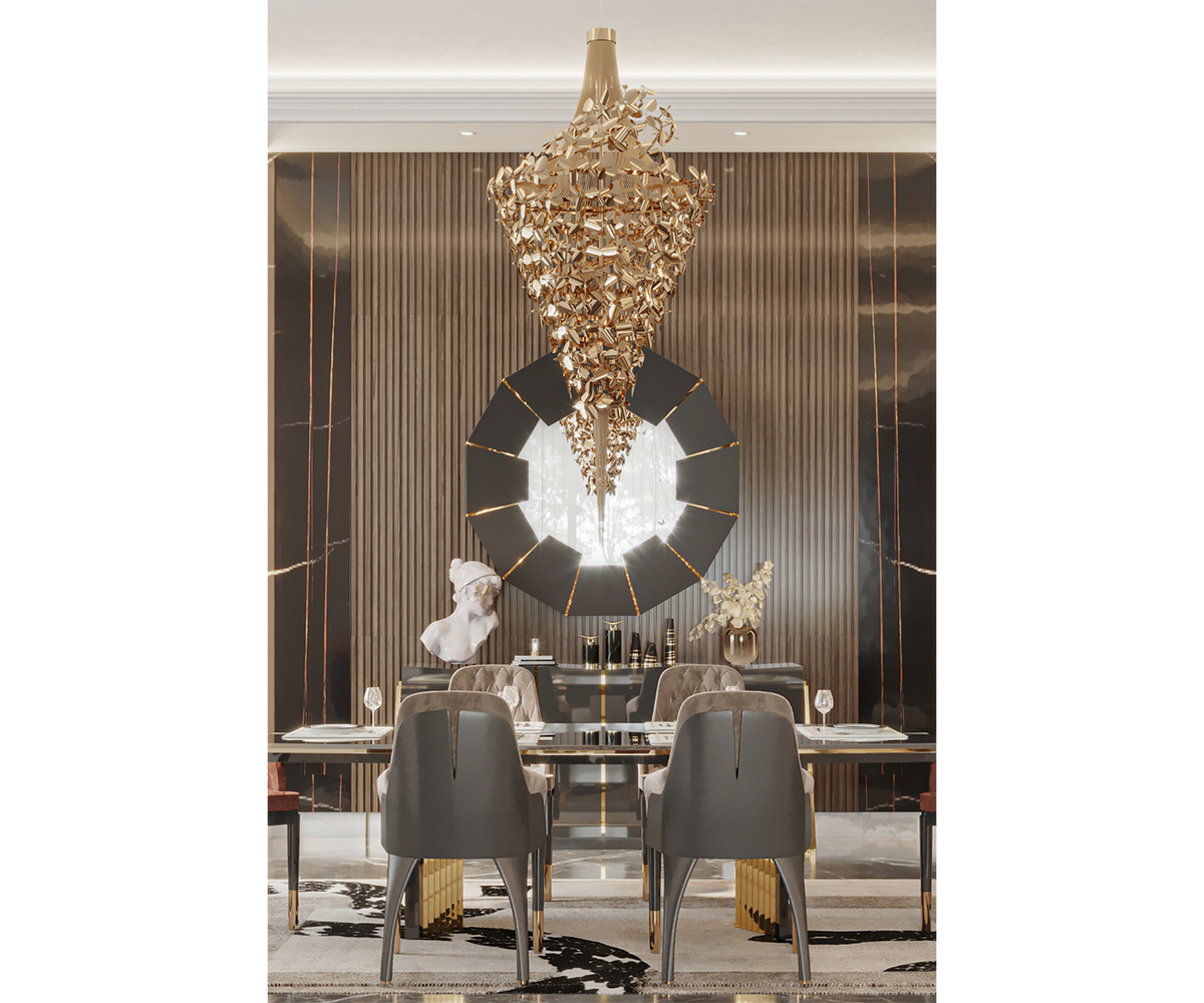 Rococo Hammered Gold Ambar Swarovski Crystal Chandelier Touched Interiors