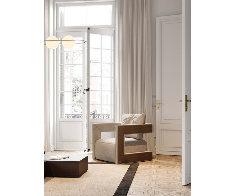 Kaito Armchair: Statement Piece for a Modern Japandi Haven: This luxurious armchair creates a focal point in your Japandi living room. Brushed bronze details elevate the minimalist design.